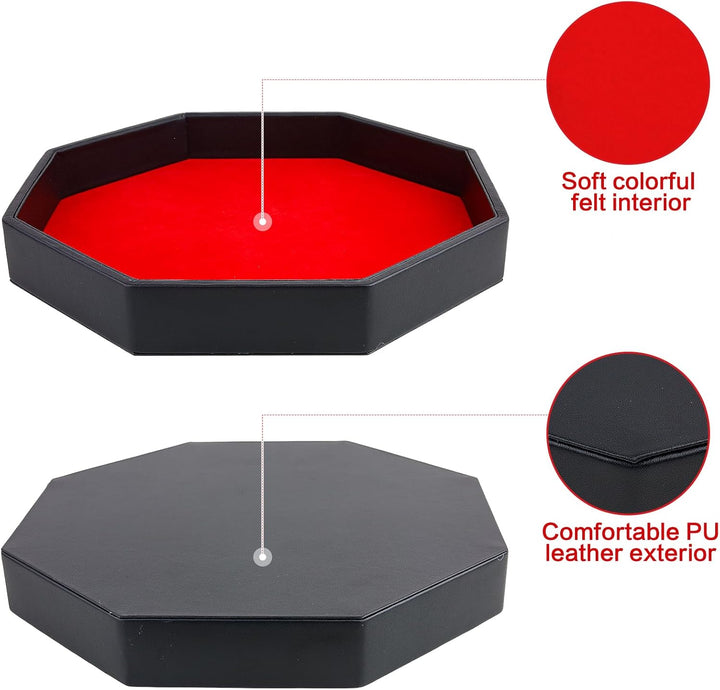 Dice Rolling Tray, Felt Lined PU Leather Octagon Dice Tray for Dungeon Crawler Games, Red