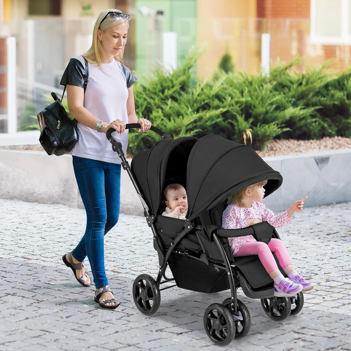 Double Stroller, Foldable Lightweight Infant Twin with Tandem Seating, 5-Point Harness, Recline Seat, Storage Basket, Compact Baby Double Stroller Newborn and Toddler (Black)