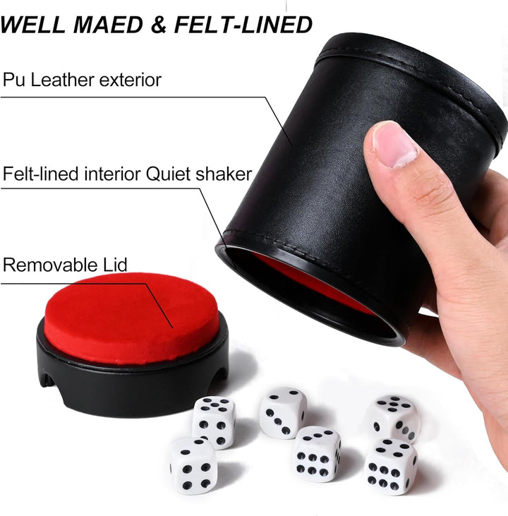 Dice Cup Leather Set with Lid, Felt-Lined PU Leather Quiet Shaker for Yahtzee Farkle Dice Board Games, Set of Six 16Mm Dice Included