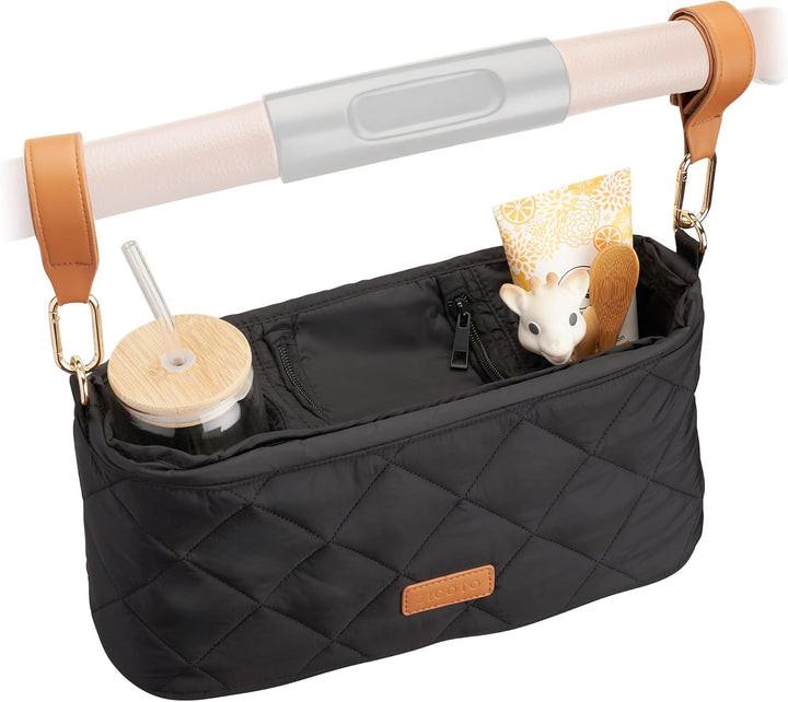 Beautiful Stroller Caddy Organizer with 2 Cup Holders – Luxury Stroller Bag, Universal Fit, Leather Straps & Zipper Pocket – Spacious Accessories Perfectly Fits Doona, Nuna & Uppababy Strollers