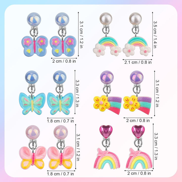 6 Pairs Colorful Clip on Drop Earrings Set, Resin No Pierced Design Kids Child Dangle Earrings Cute Butterfly Ear Clips for Children Toddler Party Daily Wearing Princess Jewelry