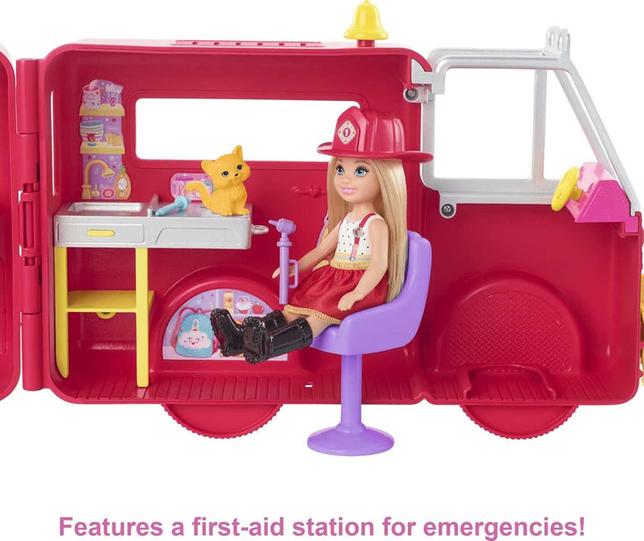 Chelsea Can Be Doll & Toy Fire Truck Playset with Blonde Small Doll, 2 Pets & 15+ Acessories, Open for Fire Station