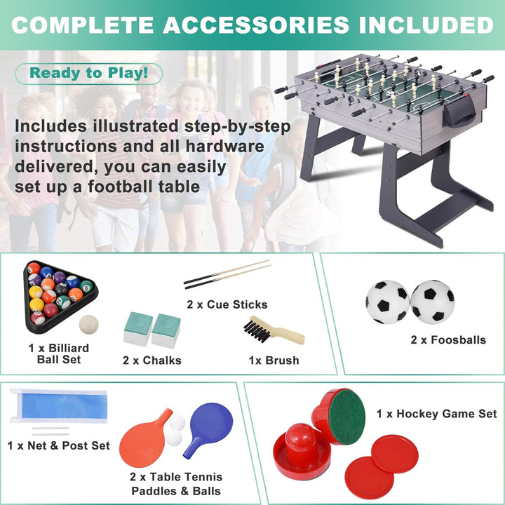 54" 4-In-1 Multi Game Table, Foldable Combo Game Table Set with Ping Pong, Hockey, Pool Billiards and Foosball for Adults, Home, Game Room, Friends & Family