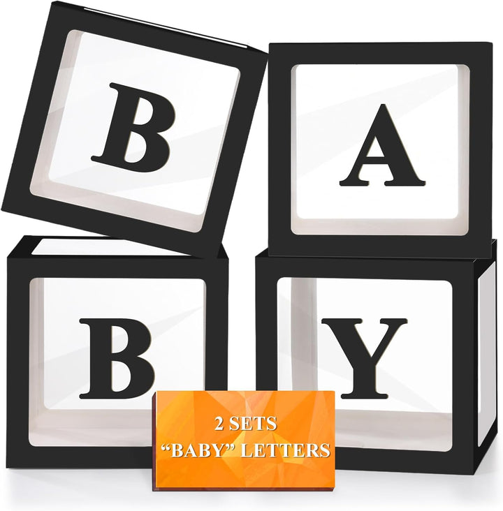 Baby Boxes with Letters for Baby Shower Decorations, 4 Pcs Clear Baby Balloon Boxes Blocks Decor with LED Fairy String Lights for Boy Girl Gender Reveal Decorations Backdrop Party (White)