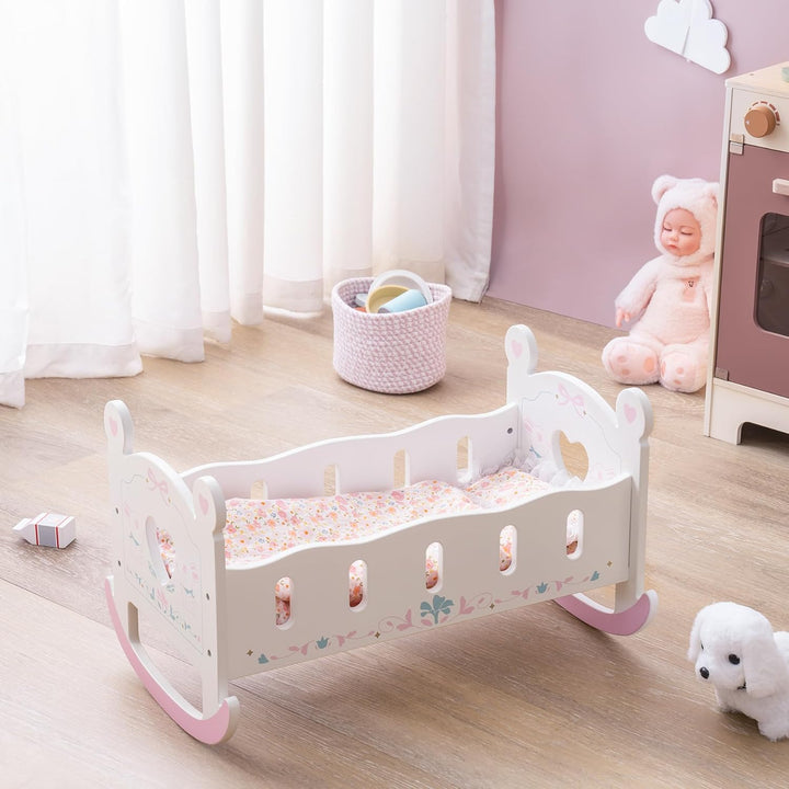 Wooden Baby Doll Crib, Baby Doll Bed Toys, for Dolls up to 18 Inch, Doll Accessories - with Mattress, Pillow, Quilt, Gift for Boys & Girls, Ages 3+