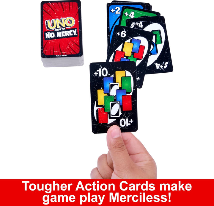 UNO Show ‘Em No Mercy Card Game in Storage & Travel Tin for Kids, Adults & Family Night with Extra Cards, Special Rules & Tougher Penalties (Amazon Exclusive)