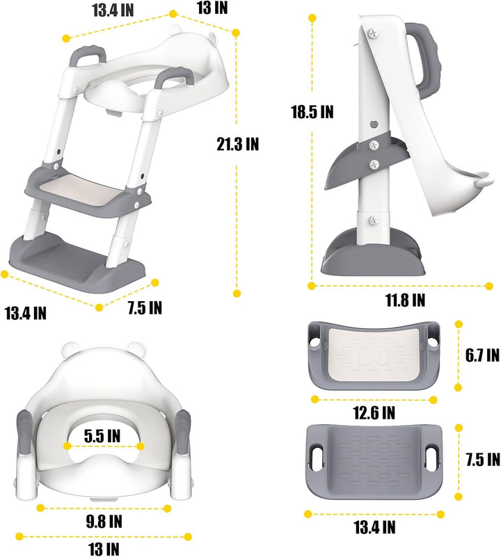 Potty Training Seat with Step Stool Ladder for Toddlers, Adjustable Kids Toilet Seat with Splash Guard, Anti-Slip Pads & Safety Handles, Comfortable Potty Chair for Boys & Girls (Grey)