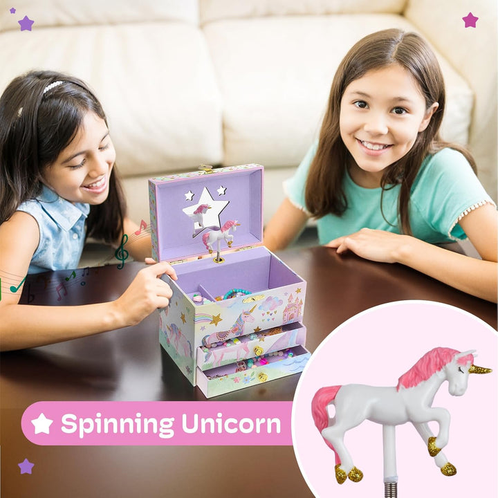 Enchanting Unicorn Musical Jewelry Box for Girls - Sparkling Rainbow Design Music Box with 2 Pullout Drawers to Store Earrings, Necklace and Bracelets - Plays the Beautiful Dreamer Tune