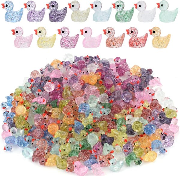 240Pcs Mini Glitter Ducks - Colorful Tiny Small Little Resin Ducks for Dollhouse, Fairy Garden, Landscape, Aquarium Decorations