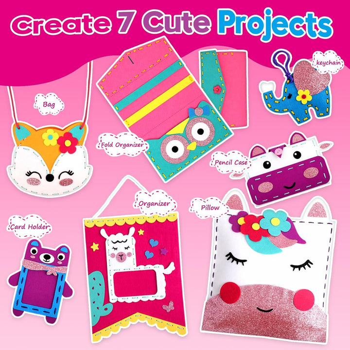 Sewing Craft Kit for Girls: DIY Felt Sewing Kit for Kids Ages 5-10, 7 Fun Projects with Stuffed Animals & Pillows, Learn to Sew Kit for Beginners, Ideal for Christmas & Birthday, Arts & Crafts Ideas