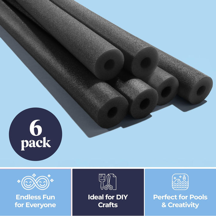 Pool Noodles Foam 6 Pack - Soft Large Black Foam Noodle Tube, Bulk Swim Noodles, Multi-Purpose, Pool Toy, Floating Training Device, Exercise Aid, Craft Projects