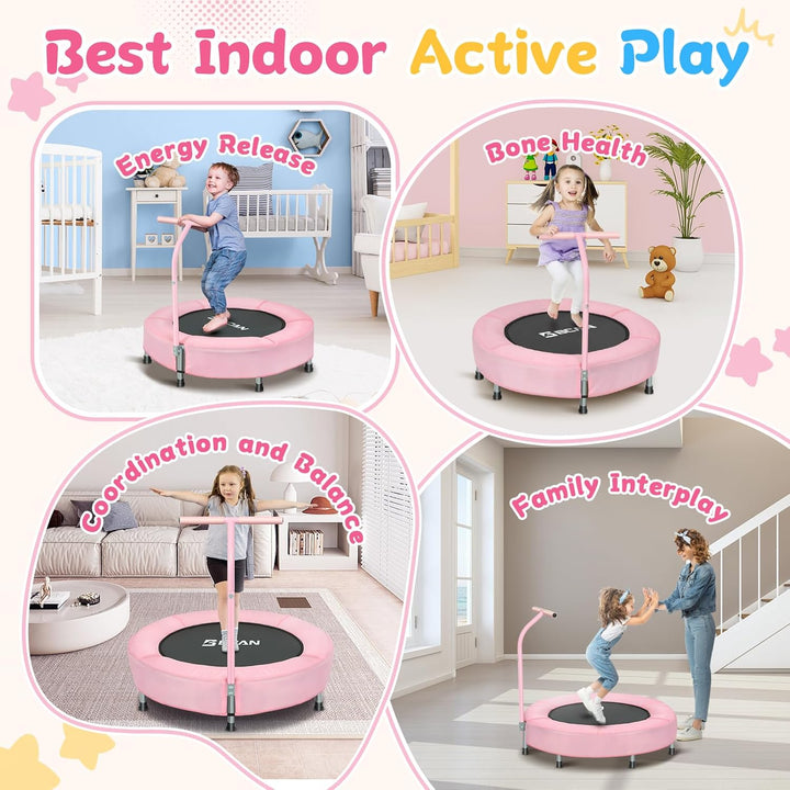 36'' Mini Folding Ages 2 to 5 Toddler Trampoline with Handle for Kids, Two Ways to Assemble the Handle, Indoor/Garden Toddlers Trampoline with Super Safe Cover for Toddlers