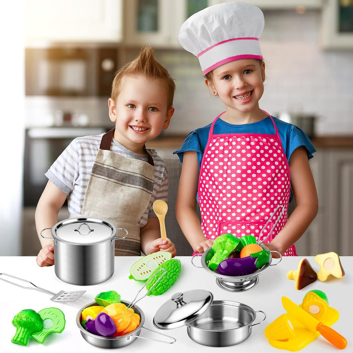 Kitchen Pretend Play Toys with Stainless Steel Cookware Pots and Pans Set, Cooking Utensils, Apron & Chef Hat, Cutting Vegetables for Kids, Girls, Boys, Toddlers