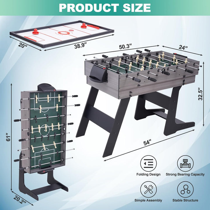 54" 4-In-1 Multi Game Table, Foldable Combo Game Table Set with Ping Pong, Hockey, Pool Billiards and Foosball for Adults, Home, Game Room, Friends & Family