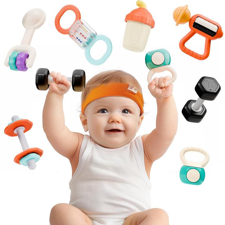 Baby First Gym Rattle Set, Infant Dumbbell Weights Teething Rattles 3-6-12 Month, Newborn Workout Sensory Stroller Toy, Babies Birthday Shower Gift 5 7 8 9 10 Month Toddler Boy Girl-4Pcs