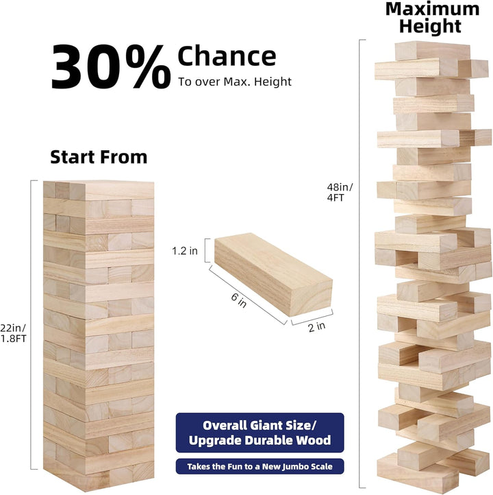 Giant Tumble Tower Game, Large Tumbling Tower Stacking to over 4 FT 54Pcs Wooden Jumbo Blocks for outside Yard Games with Carry Case Timber Stacking Game Night Toy Gift for Kids Adults Family
