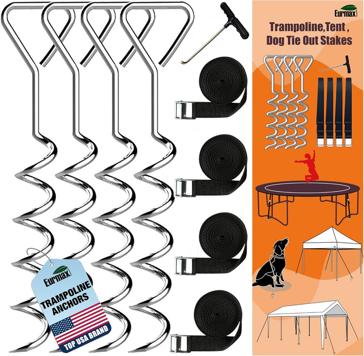 USA Trampoline Stakes Heavy Duty Trampoline Parts Corkscrew Shape Steel Stakes Anchor Kit with T Hook for Trampolines -Set of 4 Bonus 4 Strong Belt,Black