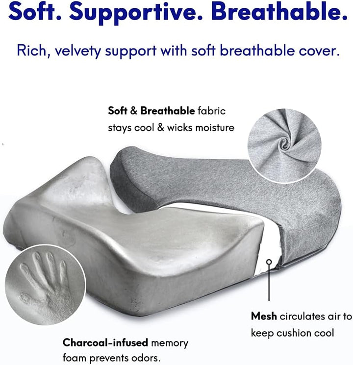 Patented Pressure Relief Seat Cushion for Long Sitting Hours on Office & Home Chair - Extra-Dense Memory Foam for Soft Support. Car Pad for Hip, Tailbone, Coccyx, Sciatica - Black