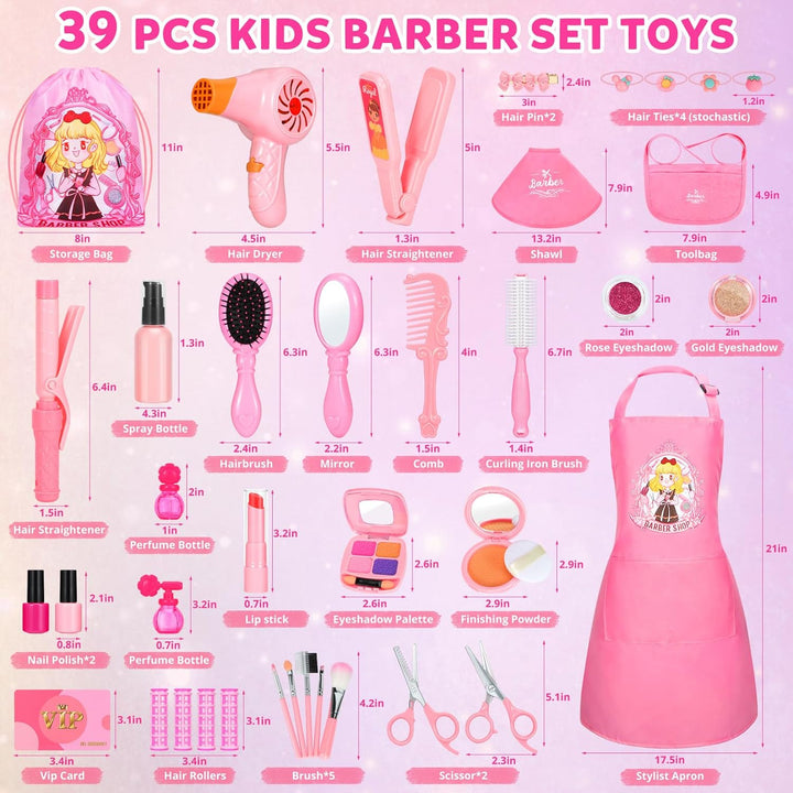 Hair Salon Toys for Girls, 39 Pc Pretend Play Makeup Toys Set, Beauty Play Hair Styling Kit with Blow Dryer, Barber Apron and Scissors Accessories for 3-9 Year Old