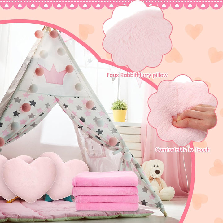 18 Pcs Kids Sleepover Party Supplies Set for Girls Fleece Soft Blankets Fluffy Heart Throw Pillow Plush Sleep Eye Mask for Spa Camping Birthday Favors(Light Pink)