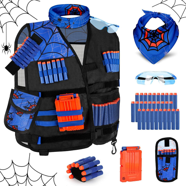 2PACK Kids Tactical Vest Kit for Nerf Guns N-Strike Elite Series for Boys Girls, with 60 Refill Darts, Dart Pouch, Tactical Mask, Reload Clips, Protective Glasses (Blue+Green)