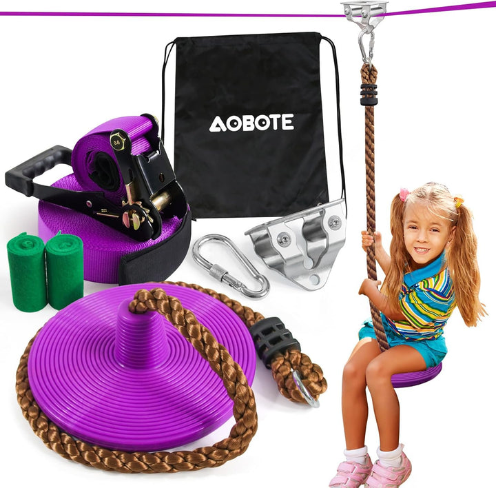 Zipline Kit for Kids and Adutls, Stainless Steel Pulley,Slackline 56Ft with Zipline,Zip Lines for Backyard，Zip Line Kit with Climbing Rope Swing