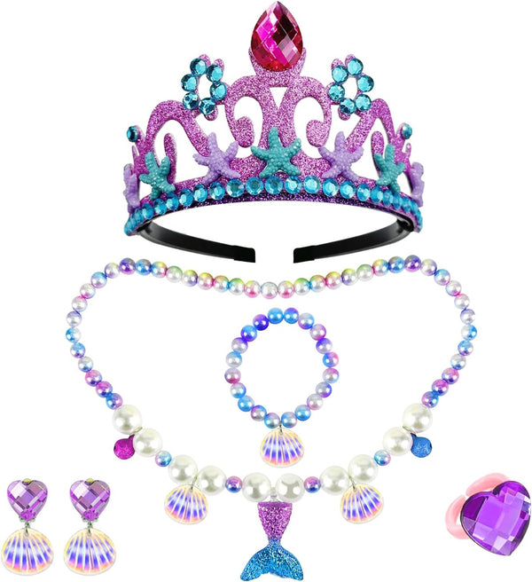 6Pcs Girls Princess Necklace Bracelets Ear Clips Set Mermaid Crown Pendant Colorful Plastic Princess Party Dress up Pretend Play Christmas Gift