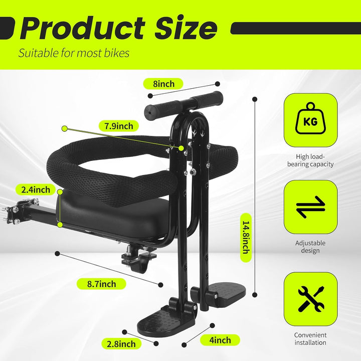Kids Bike Seat Front Mounted and Handlebar Child Bike Seat Guardrail Detachable Front Mounted Toddler Bicycle Seats Bicycle Seats with Foot Pedals for Children 1~5 Years Compatible with All Adult MTB