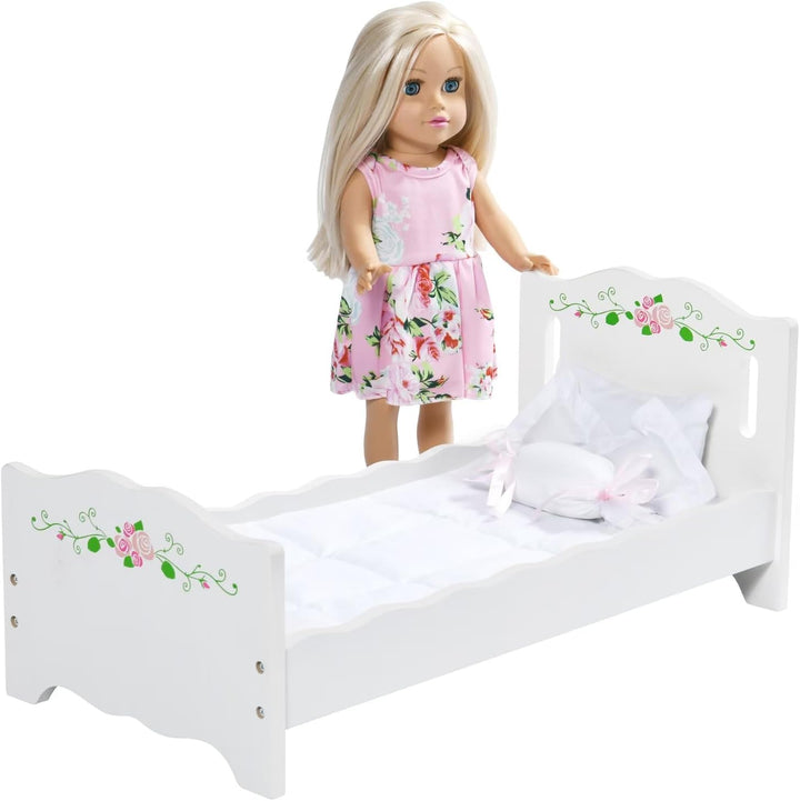 Wooden Doll Bed with Blanket and Pillow with Free Personalization Kit - Fits 18" to 20" Dolls - Ideal for Baby Dolls and Pretend Play Fun - White and Pink Rose Design