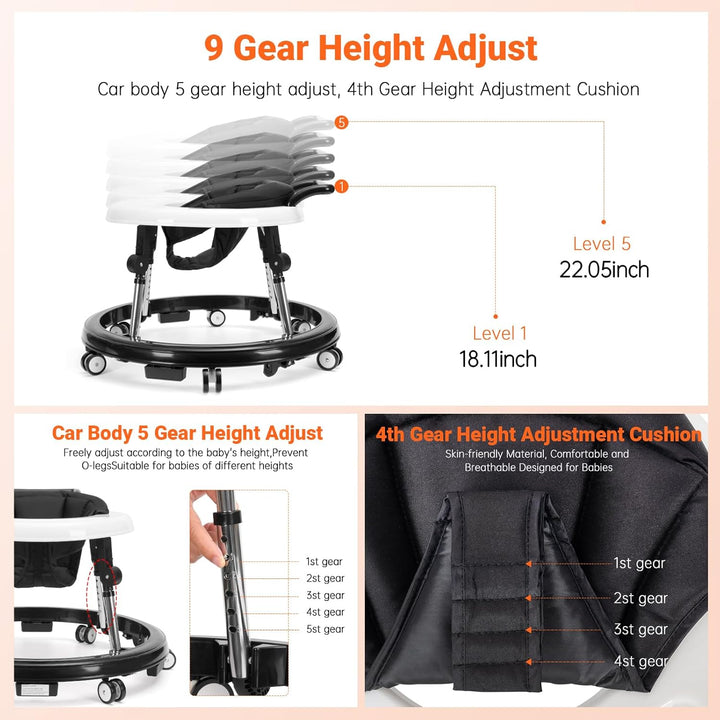 Baby Walker Foldable with 9 Adjustable Heights, Baby Walker with Wheels Portable, Infant Toddler Walker for Baby Boy Girls 6-18 Months