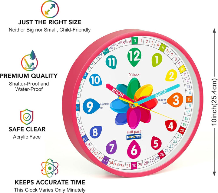 Analog Learning Clock for Kids, 10 Inch Telling Time Pink Wall Children'S Silent Non-Ticking Teach Educational Clock for Bedroom, Classroom Girls Home Decor