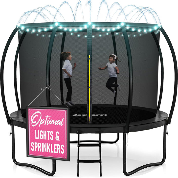 Trampoline Outdoor - ASTM Certified Safe, 8Ft, 10Ft, 12Ft, 14Ft, 15Ft, 16Ft Recreational Trampoline for Kids and Adults. Anti-Rust Coating with Enclosure Net, Ladder, Sprinkler & LED Lights