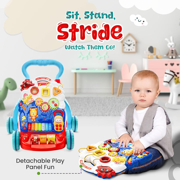 Baby Walker Push with Wheels, Sit-To-Stand Walker for Baby Boy and Girl 6-12 Months with Detachable Play Panel, Stable Handle, Early Learning Activity for Kids - Blue