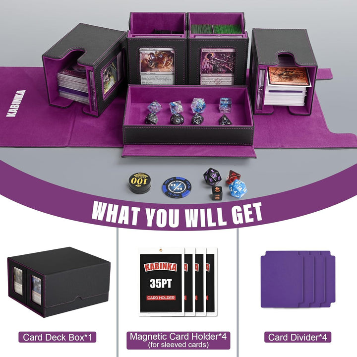 Card Deck Box for MTG with Commander Display, 5 in 1 Card Storage Box Fits 400+ Double-Sleeved Cards, Removable Deck Case for Tcg/Sports Cards with Dice Tray, 4 Magnetic Card Holders (Black Purple)