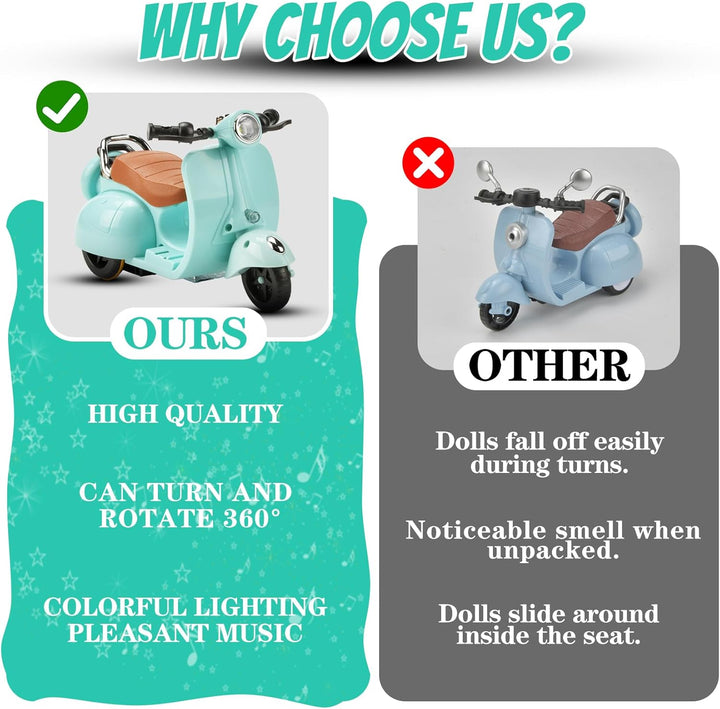 Mini Electric Doll Scooter for Toy, Could Rotate 360° Cute Plastic Scooter Toy Accessories, with Light and Music, Desktop Decor for Doll Collectors, Battery Not Included(Bule)