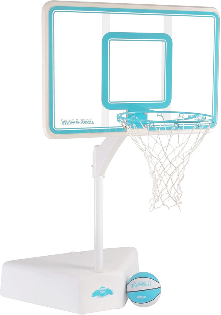 Dunn-Rite Splash & Shoot Clear Outdoor Adjustable Height Swimming Pool Basketball Hoop W/Ball, Base, & 18 Inch Stainless Steel Rim, Blue