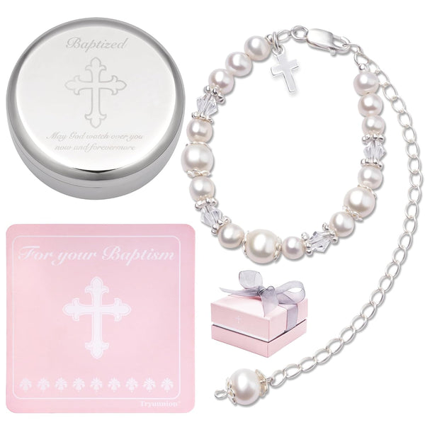 Baptism Bracelet in Sterling Silver and Cultured Pearls for Baby Girls, with Silver-Plated Jewelry Keepsake Box,Great Catholic Christening and Baptism Gifts for Girl