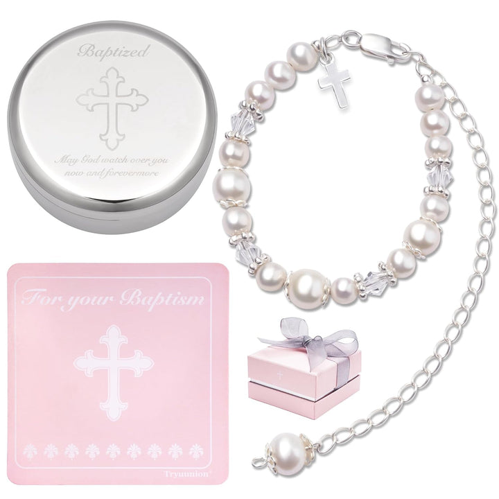 Baptism Bracelet in Sterling Silver and Cultured Pearls for Baby Girls, with Silver-Plated Jewelry Keepsake Box,Great Catholic Christening and Baptism Gifts for Girl