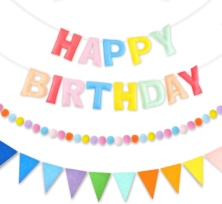 Rainbow 3D Happy Birthday Banner, Felt Garland, Triangle Pennants, Reusable Party Decorations
