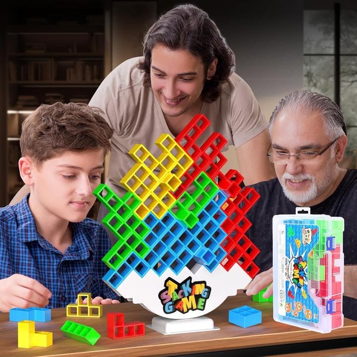 64PCS Stack Game for Adult & Kids, Tetra Board Tower Games for Family Travel Party, 2 Players Balance Stacking Toy, Team Toys Building Block