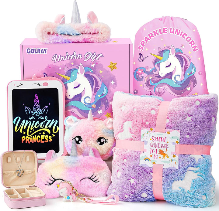 10 Pcs Unicorn Gifts for Girls Toys Christmas Birthday Gifts Kids Girls Age 3 4 5 6 7 8 9 12 with Glowing Blanket/Lcd Drawing Tablet, Unicorn Kids Girls Toys for Daughter, Niece, Granddaughter