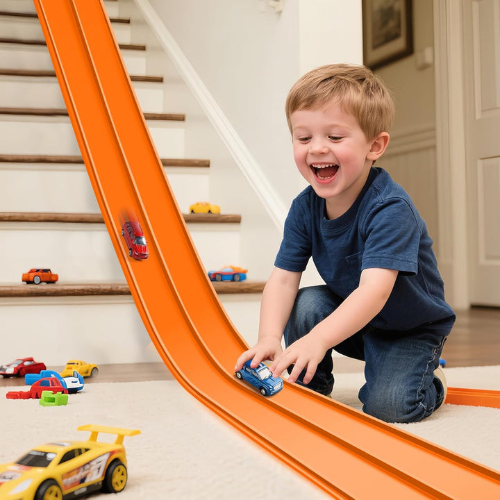 Flex Tracks 15 Ft Starter Set Flexible Race Track for Kids 3+, Race Car Ramp Track Compatible with Hot Wheels and Diecast 1/64Th Cars, Portable Rolls up Race Tracks with Strong Suction Cups