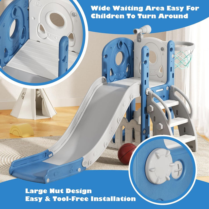 Toddler Slide 7 in 1 Outdoor Playset Kids Slides Indoor Playground for Backyard Baby Climber with Telescope Basketball Hoop and Ball Storage Space for Age 1+ Years (Blue)