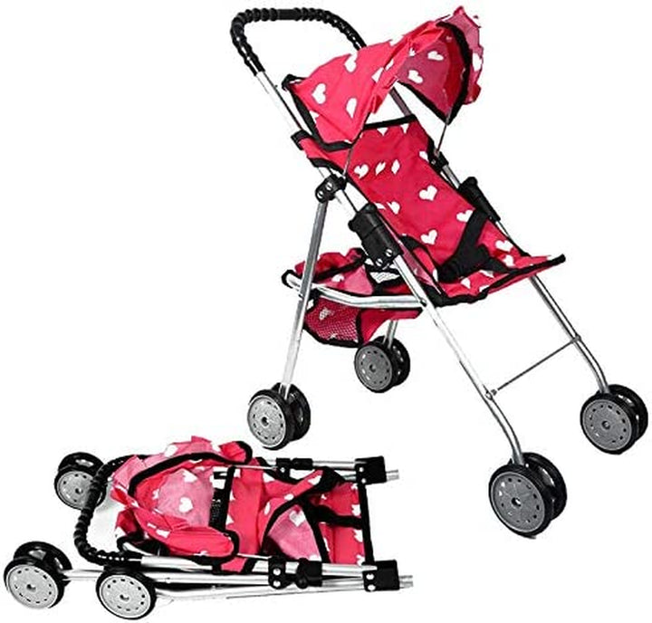 My First Doll Stroller with Basket & Heart Design Foldable Doll Stroller, Pink