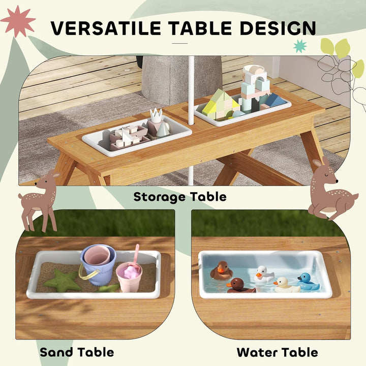 Kids Picnic Table, Wooden Outdoor Table & Bench Set with Removable Umbrella, Children Sand and Water Activity Table for Patio, Backyard, Gift for Boys Girls, Mixed Color