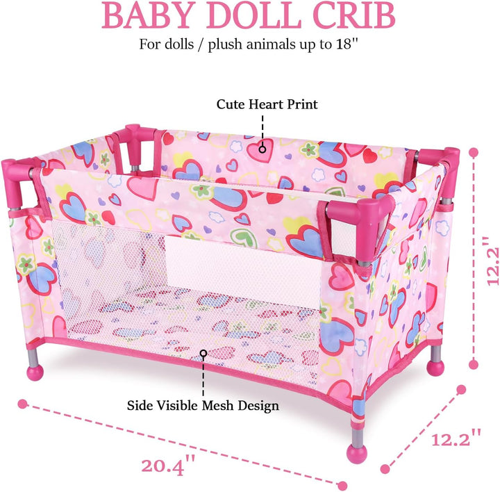 Toy Baby Doll Crib for 18'' Dolls, Cute Pink Heart Designed Baby Doll Bed with Carry Bag, Toy Crib Doll Furniture for 3 Years+ Girls