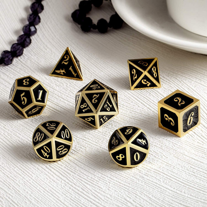 Metal Dice Set D&D, 7 Die Metallic Polyhedral Dice Set with Gift Metal Box and Gold Number for DND Dungeons and Dragons Role Playing Games (Black and Gold)