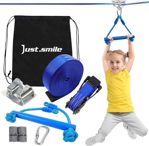 Zip Ine Kit for Kids,Stainless Steellackline Pulley Slider with Swing Seat Zip Line,Kids Zipline Kit for Backyard with 60Ft Ninja Slackline