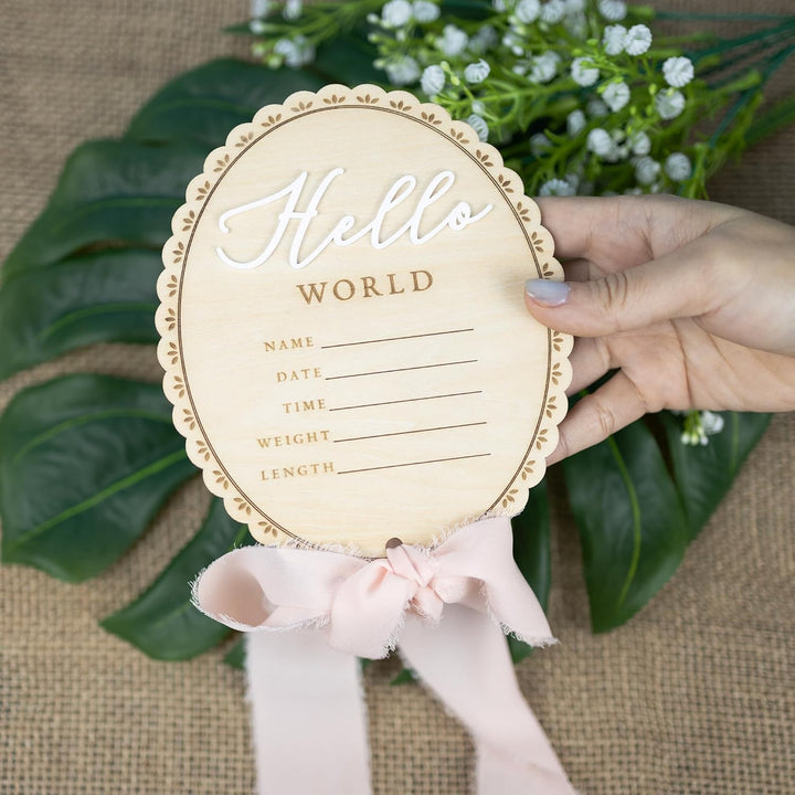 Baby Announcement Sign 6.5 Inch Wooden Hello World Newborn Welcome Sign Birth Baby Name Plaques for Photo Props Baby Shower Hospital Nursery (BOW CUT)