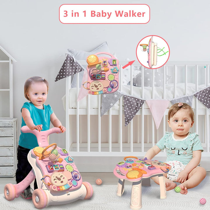 3 in 1 Baby Walker and Activity Center for Girl, Learning to Walk, Sit to Stand, Early Educational Push Toys with Music Panel for Infant Toddler 12+ Months Pink